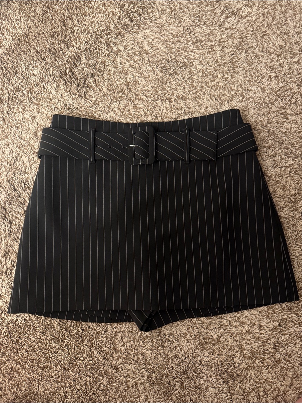 Express Black Pinstripe Belted Mini Skirt